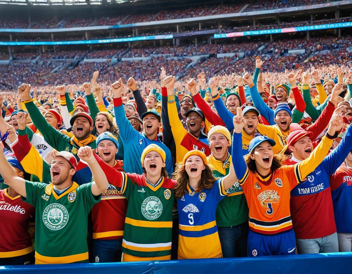 A dynamic group of diverse individuals wearing colorful team jerseys, passionately cheering in a vibrant stadium filled with banners and flags. Showcases a mix of fan apparel like scarves and hats, with a backdrop of a thrilling sports game. The atmosphere is energetic and uplifting, emphasizing camaraderie and spirit. super-realistic. vibrant colors. dynamic composition.