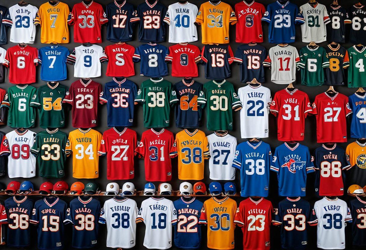 A dynamic composition showcasing a collage of sports jerseys, caps, and accessories arranged in an eye-catching manner. The background features a stadium atmosphere with cheering fans, and a vibrant color palette highlighting different team colors. Include detailed textures on the apparel to add depth, and incorporate elements like team logos and merchandise tags for a realistic touch. super-realistic. vibrant colors. stadium backdrop.