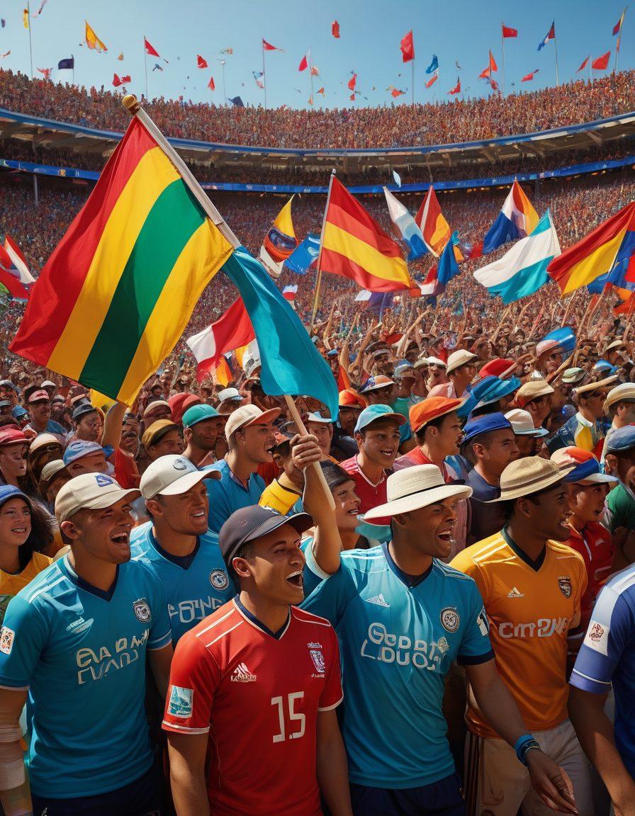 A vibrant and stylish display of fan gear, showcasing a diverse group of enthusiastic fans wearing unique jerseys, scarves, and hats, celebrating at a lively sports event. Include iconic emblematic symbols in the background, with a colorful assortment of flags waving. The composition conveys energy and unity among fans. super-realistic. vibrant colors. depth and texture.